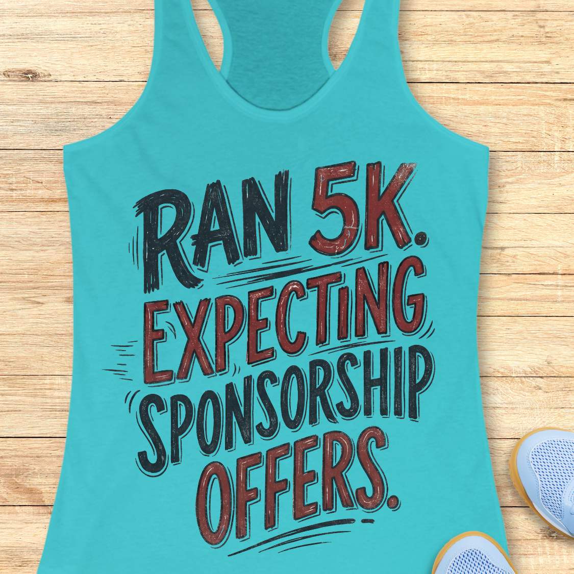 A turquoise racerback tank top laid flat on a light wood background, featuring the text 'RAN 5K. EXPECTING SPONSORSHIP OFFERS.