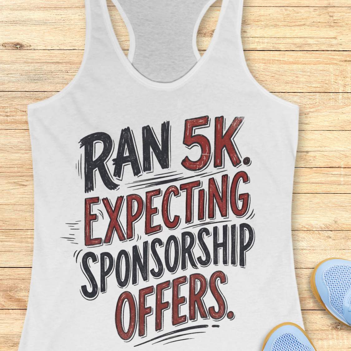 A white racerback tank top laid flat on a light wood plank background, featuring the text 'RAN 5K. EXPECTING SPONSORSHIP OFFERS.