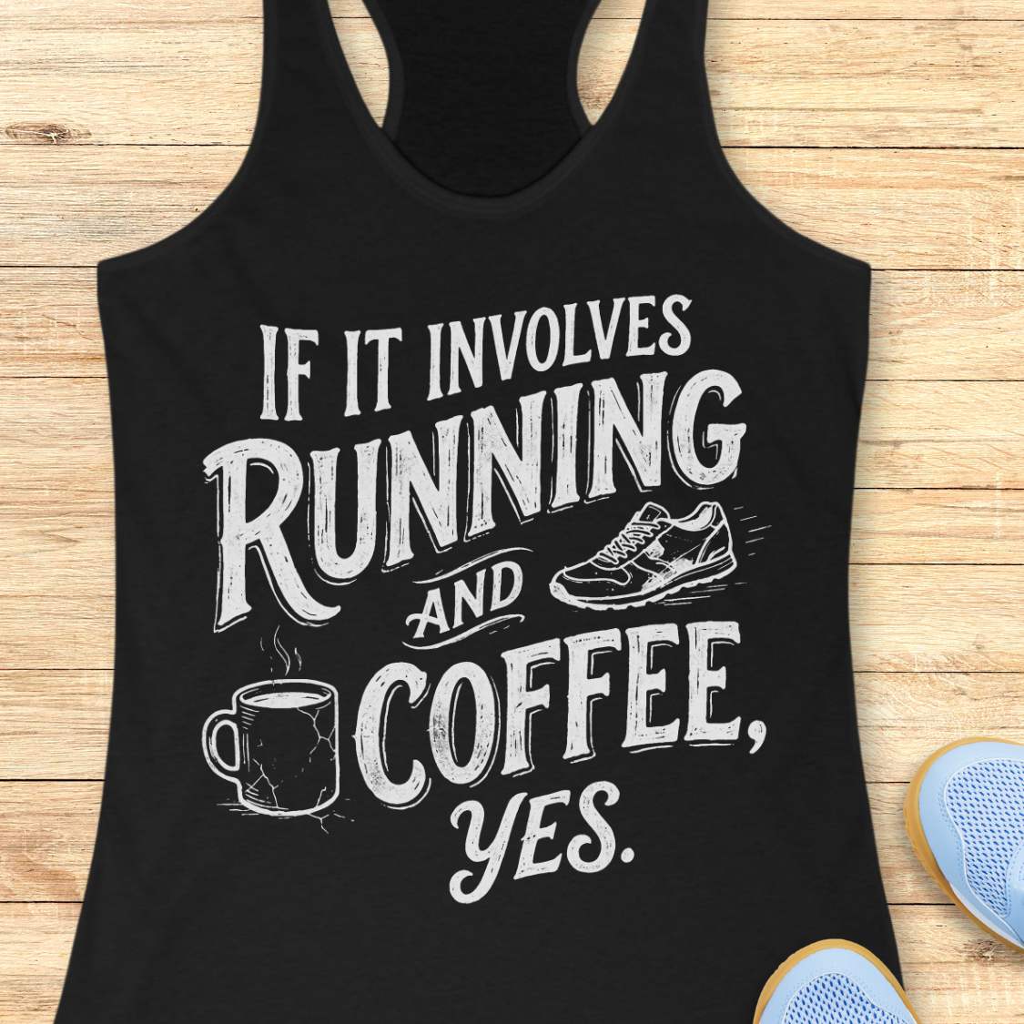 A black racerback tank top with a white graphic print that reads 'IF IT INVOLVES RUNNING AND COFFEE, YES.' with a coffee mug and running shoe illustration, shown on a light wood plank background with partial blue shoes visible at the edges.
