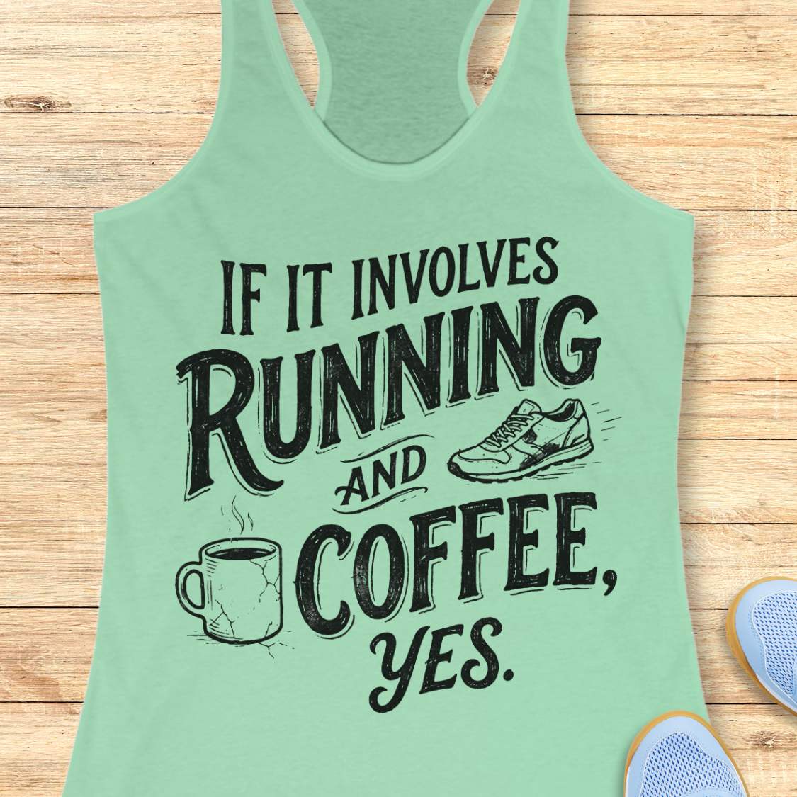 A mint green racerback tank top with a black graphic text print reading 'IF IT INVOLVES RUNNING AND COFFEE, YES.' displayed flat on a light wood background with partial sneakers visible at the edges.