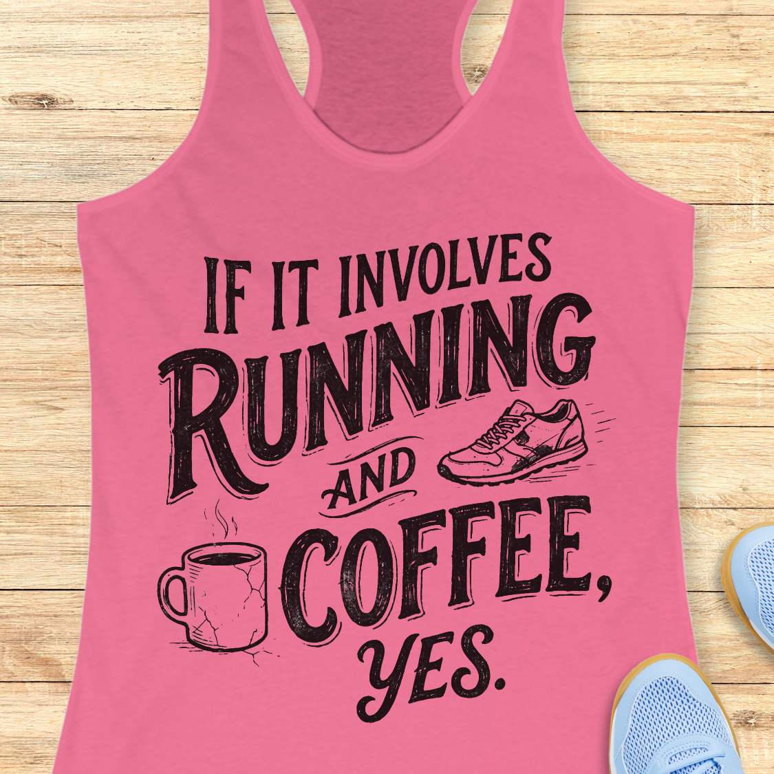 A pink racerback tank top laid flat on a light wood background, featuring the black text 'IF IT INVOLVES RUNNING AND COFFEE, YES.' with illustrations of a running shoe and a coffee mug.