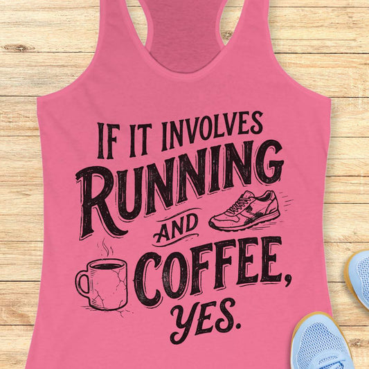 A pink racerback tank top laid flat on a light wood background, featuring the black text 'IF IT INVOLVES RUNNING AND COFFEE, YES.' with illustrations of a running shoe and a coffee mug.