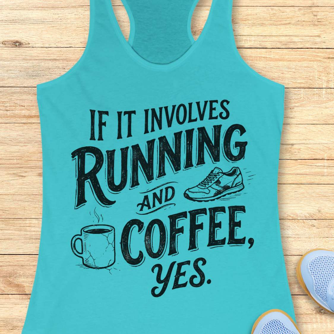 A turquoise racerback tank top laid flat on a light wood background, featuring a black graphic that reads 'IF IT INVOLVES RUNNING AND COFFEE, YES.' with a coffee mug and running shoe illustration.