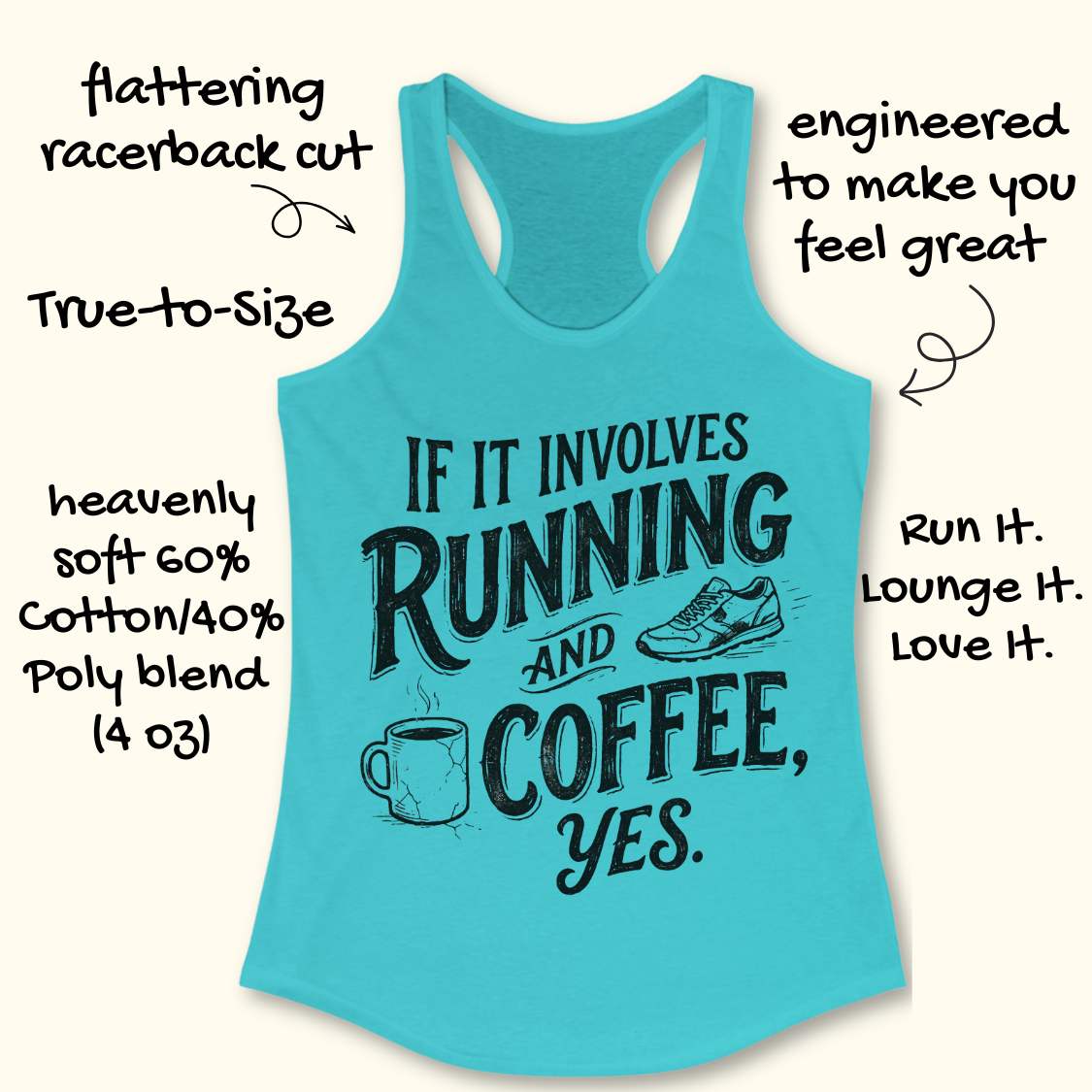 A turquoise racerback tank top with a black graphic reading 'IF IT INVOLVES RUNNING AND COFFEE, YES.' on a cream background, surrounded by handwritten marketing callouts about fit and comfort.