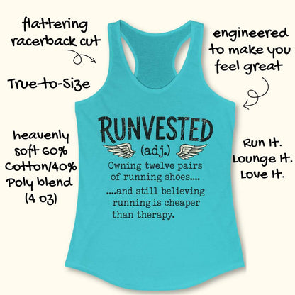A turquoise racerback tank top with a printed graphic and text on the front, shown on a light beige background with decorative callout arrows and handwritten-style descriptions around it. The front print reads 'RUNVESTED (adj.