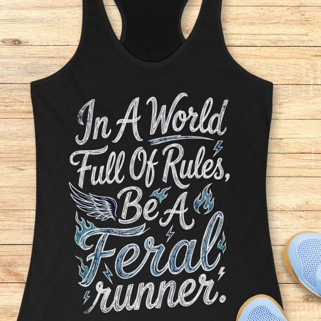 A black racerback tank top laid flat on a light wood surface, featuring a distressed white and blue graphic that reads, 'In A World Full Of Rules, Be A Feral runner.' with a wing and flame motifs.