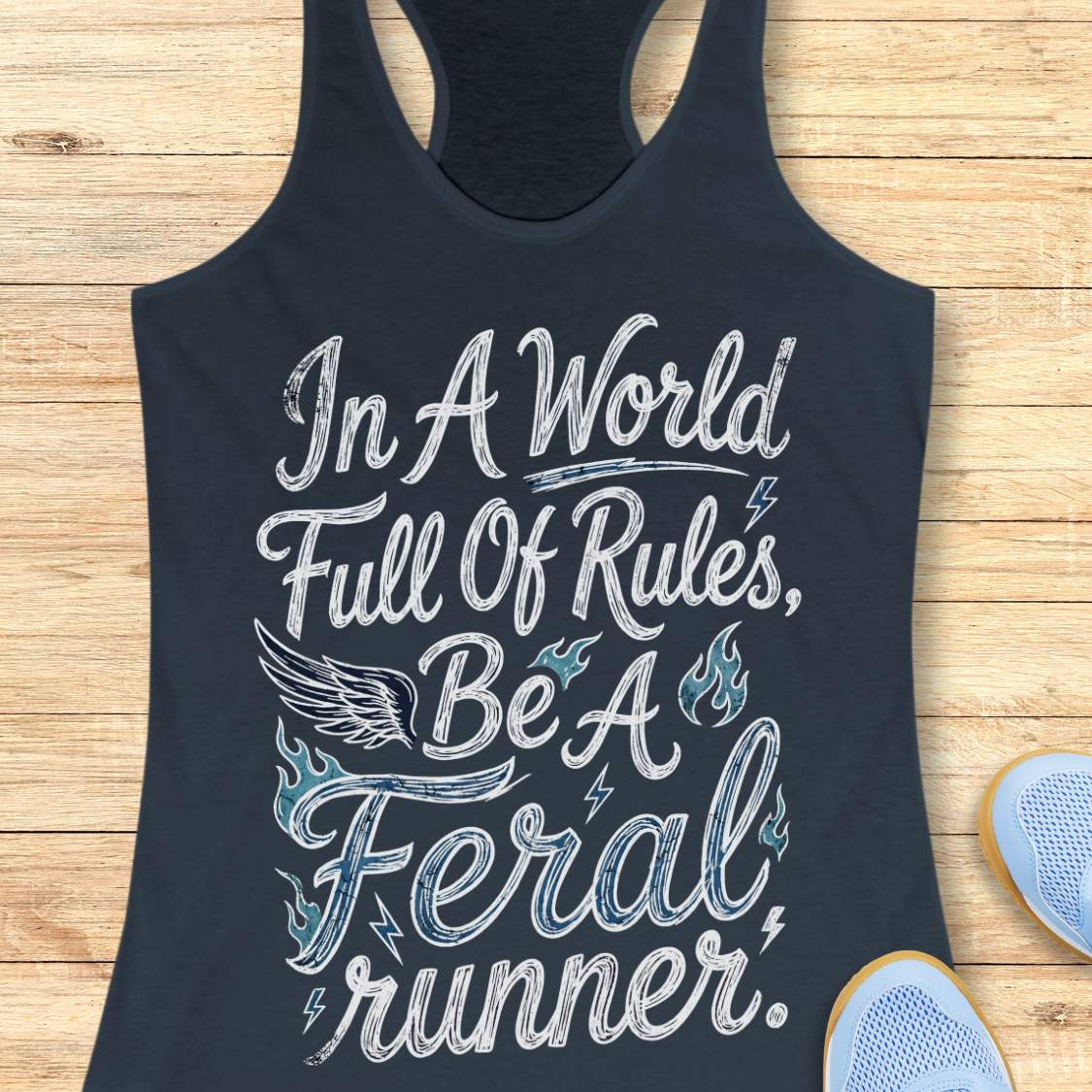 A indigo racerback tank top laid flat on a light wood surface, featuring a distressed white and blue graphic that reads, 'In A World Full Of Rules, Be A Feral runner.' with a wing and flame motifs.