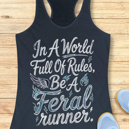 A indigo racerback tank top laid flat on a light wood surface, featuring a distressed white and blue graphic that reads, 'In A World Full Of Rules, Be A Feral runner.' with a wing and flame motifs.