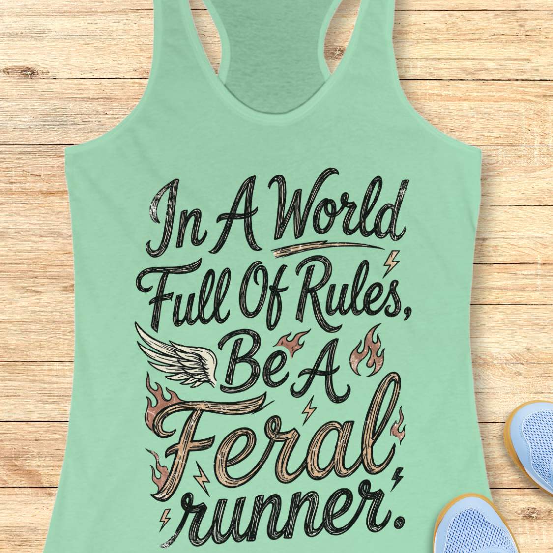 A mint racerback tank top laid flat on a light wood surface, featuring a distressed white and blue graphic that reads, 'In A World Full Of Rules, Be A Feral runner.' with a wing and flame motifs.