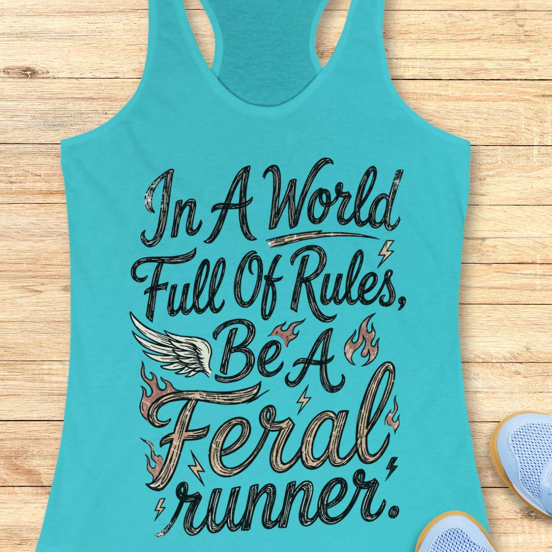 A turquoise racerback tank top laid flat on a light wood surface, featuring the phrase 'In A World Full Of Rules, Be A Feral runner.' in black script with flame and wing graphics.