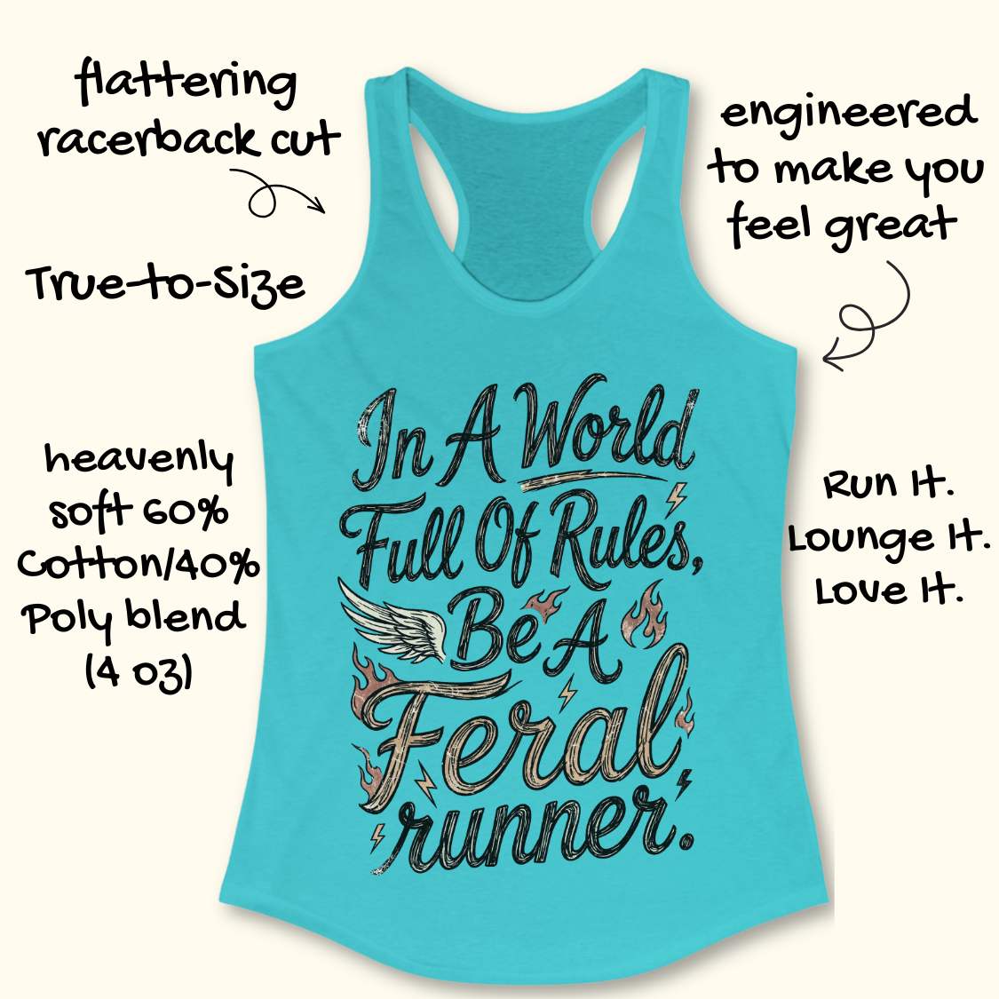 A turquoise racerback tank top with a graphic reading 'In A World Full Of Rules, Be A Feral runner.' on a cream background, surrounded by handwritten marketing callouts describing fit and fabric.