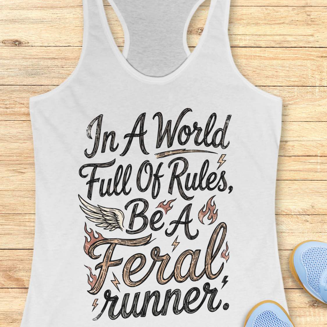 A white racerback tank top laid flat on a light wood background, featuring the phrase 'In A World Full Of Rules, Be A Feral runner.' in black and brown lettering with flame and wing graphics.
