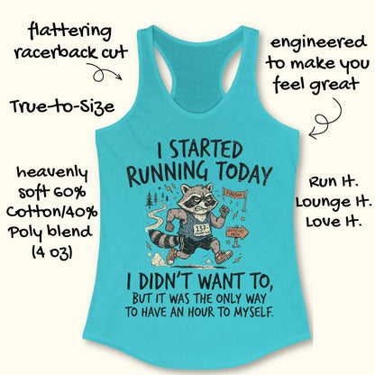 A turquoise racerback tank top with a humorous raccoon graphic and text about running, shown on a light beige background with decorative handwritten callouts around it.