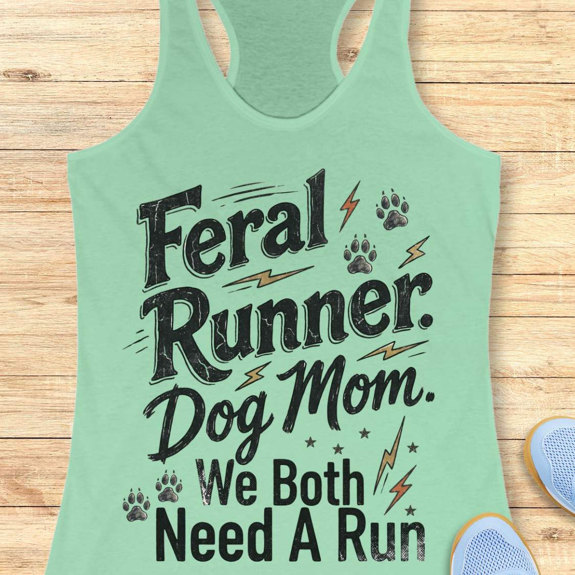 A mint green racerback tank top with a distressed black graphic that reads 'Feral Runner. Dog Mom.
