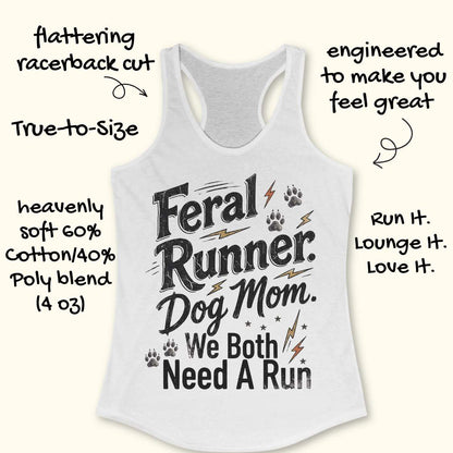 A racerback tank top in a light heather gray color, featuring a graphic print that reads 'Feral Runner. Dog Mom.