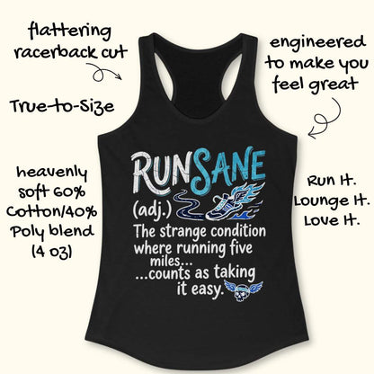 A black racerback tank top with a white and blue 'RUNSANE' graphic and text printed on the front, shown on a light beige background with decorative handwritten callouts around it.