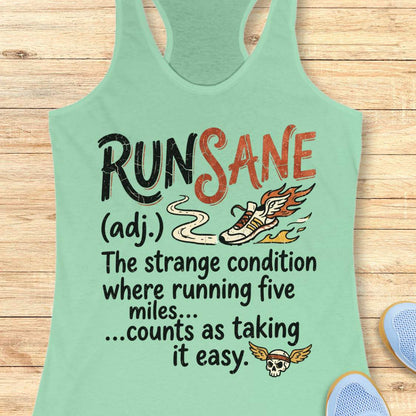 A mint green racerback tank top laid flat on a light wood background, featuring a humorous graphic print that reads 'RUNSANE (adj.) The strange condition where running five miles.