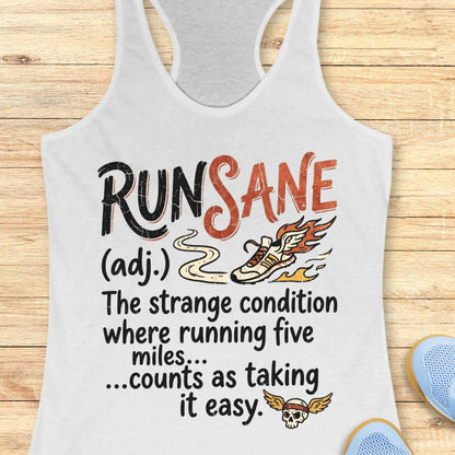 A white racerback tank top laid flat on a light wood background, featuring a humorous graphic print that says 'RUN SANE (adj.) The strange condition where running five miles.
