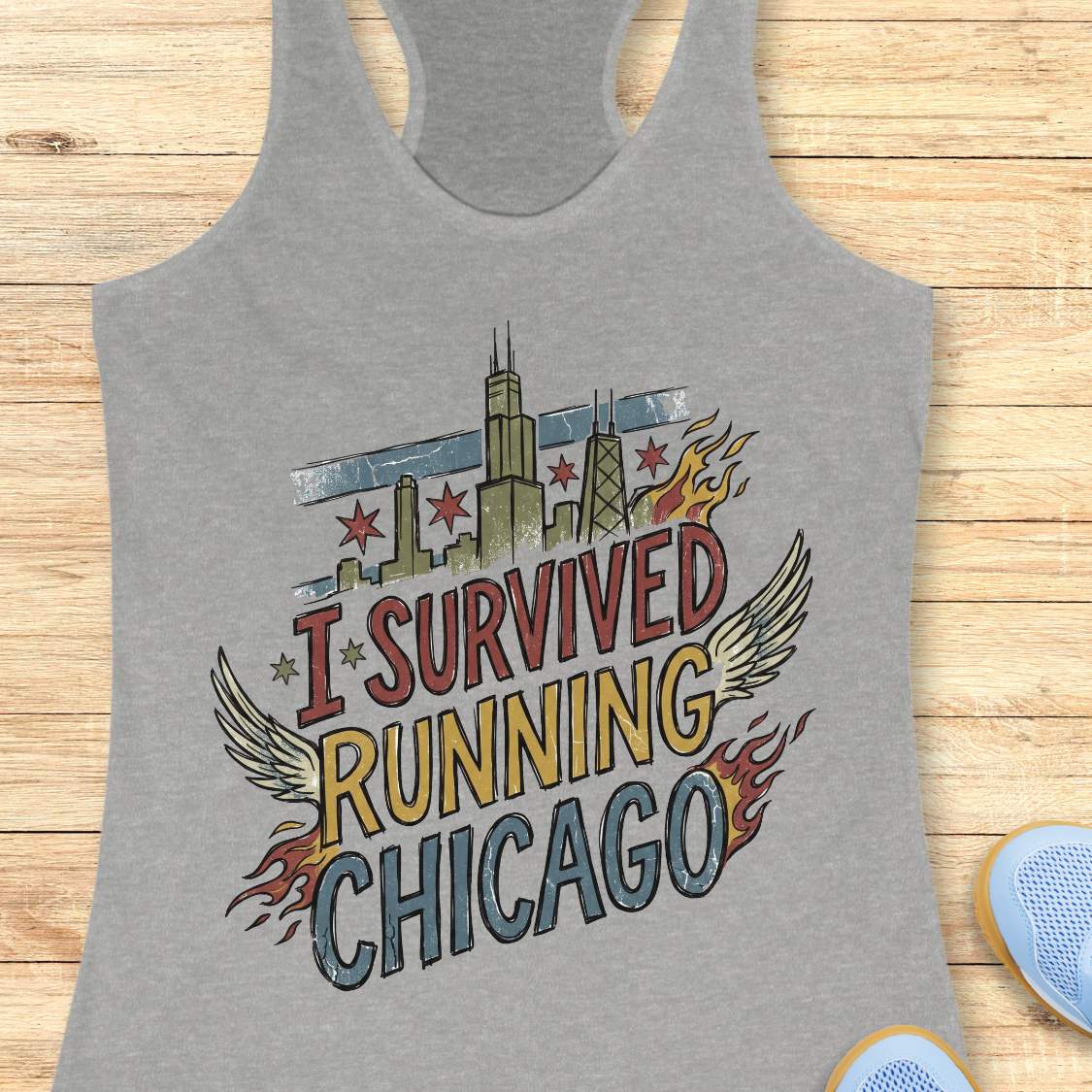 A heather gray racerback tank top laid flat on a light wood background, featuring a colorful graphic that reads 'I SURVIVED RUNNING CHICAGO' with Chicago skyline elements, stars, wings, and flames. Part of a blue shoe is visible at the bottom right.