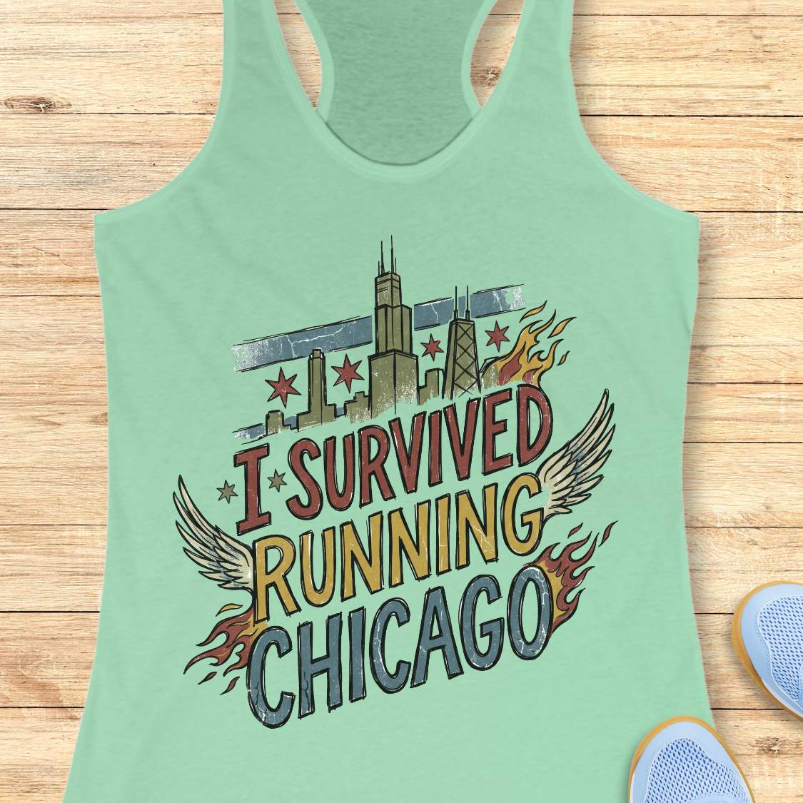 A mint racerback tank top laid flat on a light wood background, featuring a colorful graphic that reads 'I SURVIVED RUNNING CHICAGO' with Chicago skyline elements, stars, wings, and flames. Part of a blue shoe is visible at the bottom right.