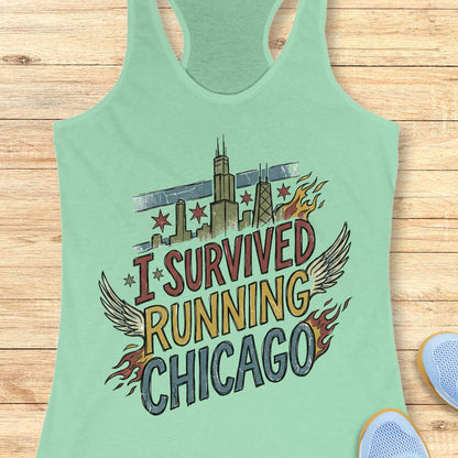A mint racerback tank top laid flat on a light wood background, featuring a colorful graphic that reads 'I SURVIVED RUNNING CHICAGO' with Chicago skyline elements, stars, wings, and flames. Part of a blue shoe is visible at the bottom right.