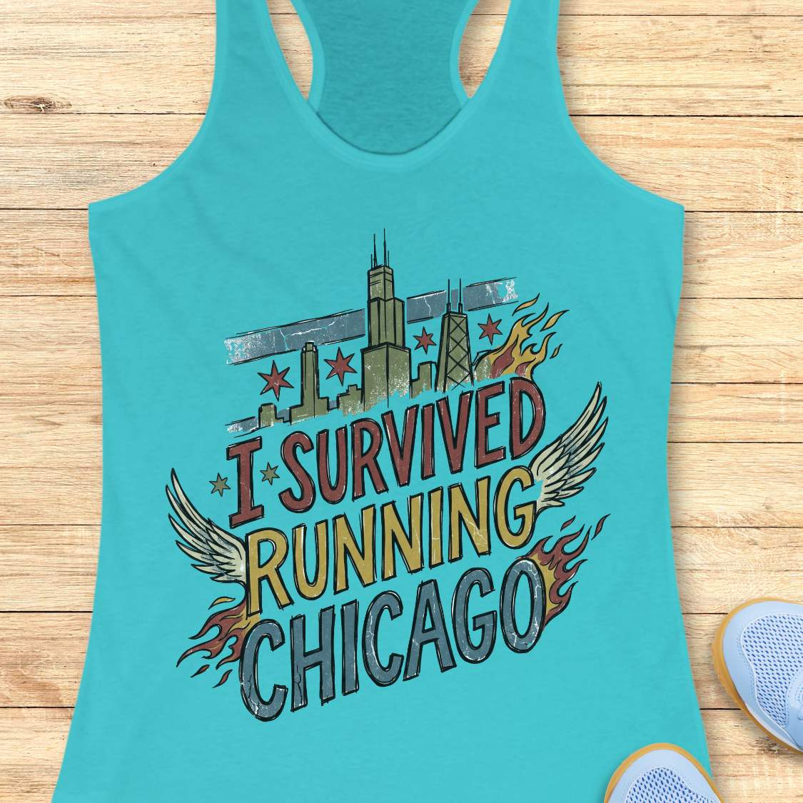 A blue racerback tank top laid flat on a light wood background, featuring a colorful graphic that reads 'I SURVIVED RUNNING CHICAGO' with Chicago skyline elements, stars, wings, and flames. Part of a blue shoe is visible at the bottom right.