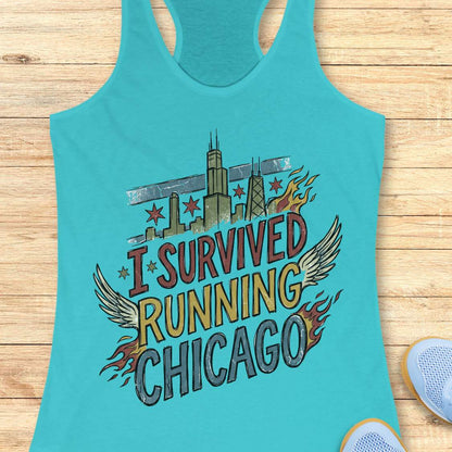A blue racerback tank top laid flat on a light wood background, featuring a colorful graphic that reads 'I SURVIVED RUNNING CHICAGO' with Chicago skyline elements, stars, wings, and flames. Part of a blue shoe is visible at the bottom right.