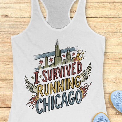 A white racerback tank top laid flat on a light wood background, featuring a colorful graphic that reads 'I SURVIVED RUNNING CHICAGO' with Chicago skyline elements, stars, wings, and flames. Part of a blue shoe is visible at the bottom right.