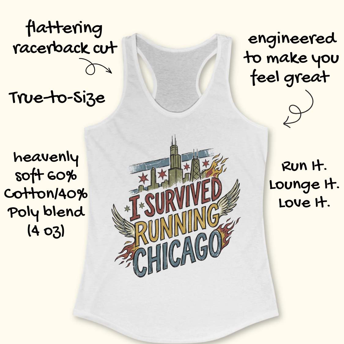 White racerback tank top with a 'I Survived Running Chicago' graphic featuring the Chicago skyline and flags, surrounded by promotional text callouts on a light beige background.