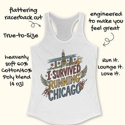 White racerback tank top with a 'I Survived Running Chicago' graphic featuring the Chicago skyline and flags, surrounded by promotional text callouts on a light beige background.