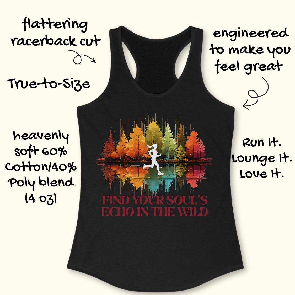 A black racerback tank top with a colorful forest graphic and the text 'FIND YOUR SOUL'S ECHO IN THE WILD' on a light beige background, surrounded by promotional text callouts.