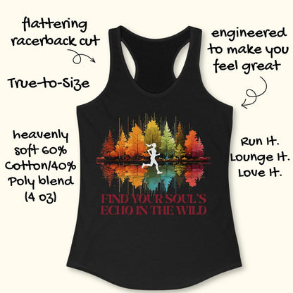 A black racerback tank top with a colorful forest graphic and the text 'FIND YOUR SOUL'S ECHO IN THE WILD' on a light beige background, surrounded by promotional text callouts.