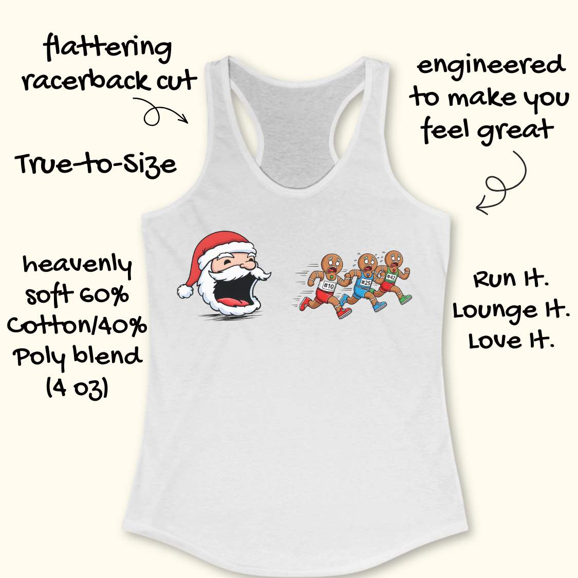 White racerback tank top with a graphic of a screaming Santa Claus and three running characters, surrounded by promotional text callouts on a light beige background.