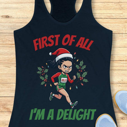 navy running tank top featuring a cartoon holiday runner wearing a Santa hat and a race singlet labeled 'JOLLY.' The runner is surrounded by holly leaves and colorful Christmas lights. The design includes the phrase 'FIRST OF ALL I'M A DELIGHT.'