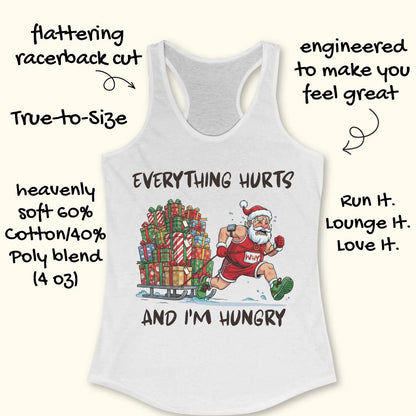 A white racerback tank top with a graphic of a Christmas-themed Santa running with a sleigh of gifts, surrounded by hand-drawn marketing text on a light beige background.