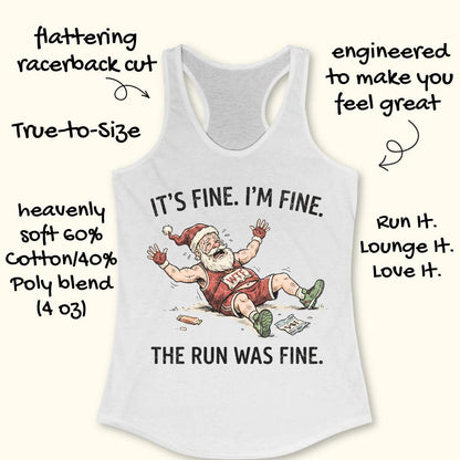 A white racerback tank top with a humorous Santa graphic and text, shown on a light beige background with decorative callout annotations around it.