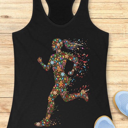 black racerback tank top displayed on a light wood surface, featuring a colorful silhouette of a running figure made from festive Christmas elements, including string lights, gingerbread cookies, candy canes, snowflakes, ornaments, and holly. The runner's ponytail and limbs appear to dissolve into bright, scattered decorative pieces, creating a dynamic sense of motion. Partial views of blue athletic shoes are visible in the bottom corners of the image.