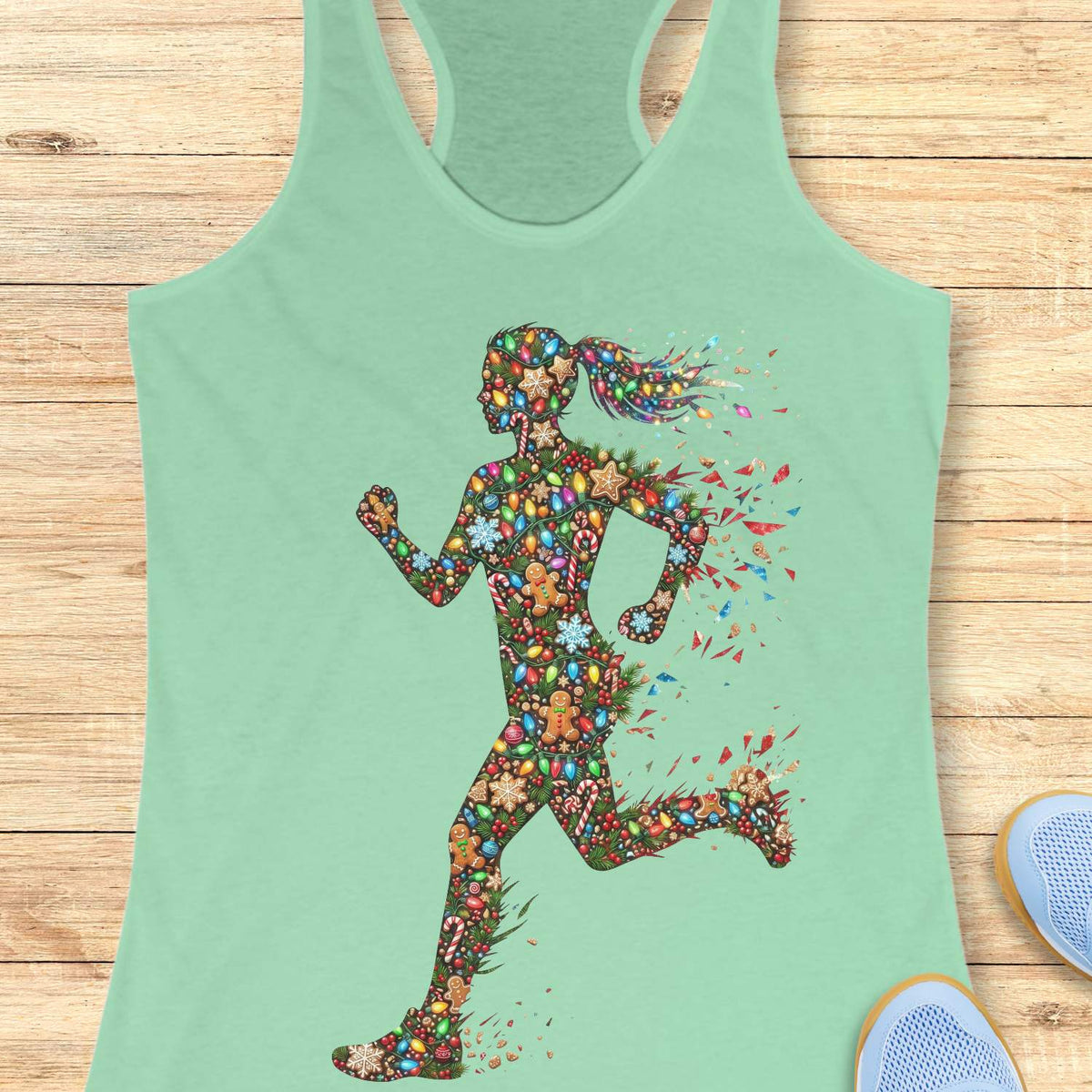 Mint green racerback tank top displayed on a light wood surface, featuring a colorful silhouette of a running figure made from festive Christmas elements, including string lights, gingerbread cookies, candy canes, snowflakes, ornaments, and holly. The runner's ponytail and limbs appear to dissolve into bright, scattered decorative pieces, creating a dynamic sense of motion. Partial views of blue athletic shoes are visible in the bottom corners of the image.