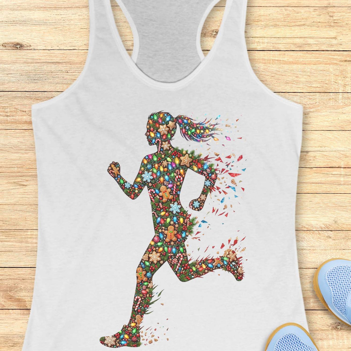 white racerback tank top displayed on a light wood surface, featuring a colorful silhouette of a running figure made from festive Christmas elements, including string lights, gingerbread cookies, candy canes, snowflakes, ornaments, and holly. The runner's ponytail and limbs appear to dissolve into bright, scattered decorative pieces, creating a dynamic sense of motion. Partial views of blue athletic shoes are visible in the bottom corners of the image.