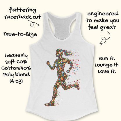 white racerback tank top displayed on a light wood surface, featuring a colorful silhouette of a running figure made from festive Christmas elements, including string lights, gingerbread cookies, candy canes, snowflakes, ornaments, and holly. The runner's ponytail and limbs appear to dissolve into bright, scattered decorative pieces, creating a dynamic sense of motion. Partial views of blue athletic shoes are visible in the bottom corners of the image.