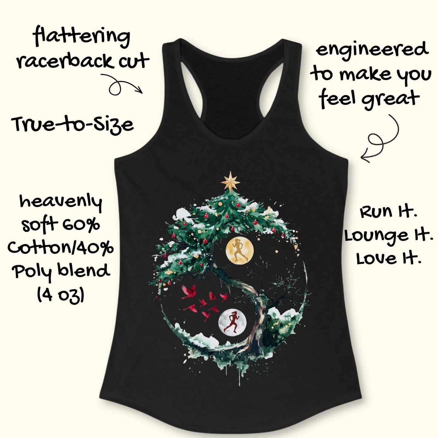 Black racerback tank top displayed on a light wooden surface, featuring an artistic winter-themed running design. The graphic shows a snow-covered, circular tree with evergreen branches decorated with red ornaments and topped with a gold star. Inside the circular composition, two silhouetted runners appear against glowing moon-like circles, one gold and one white, creating a yin-yang-inspired effect. Several red birds fly across the center of the design, while snowy details and watercolor-style splashes add