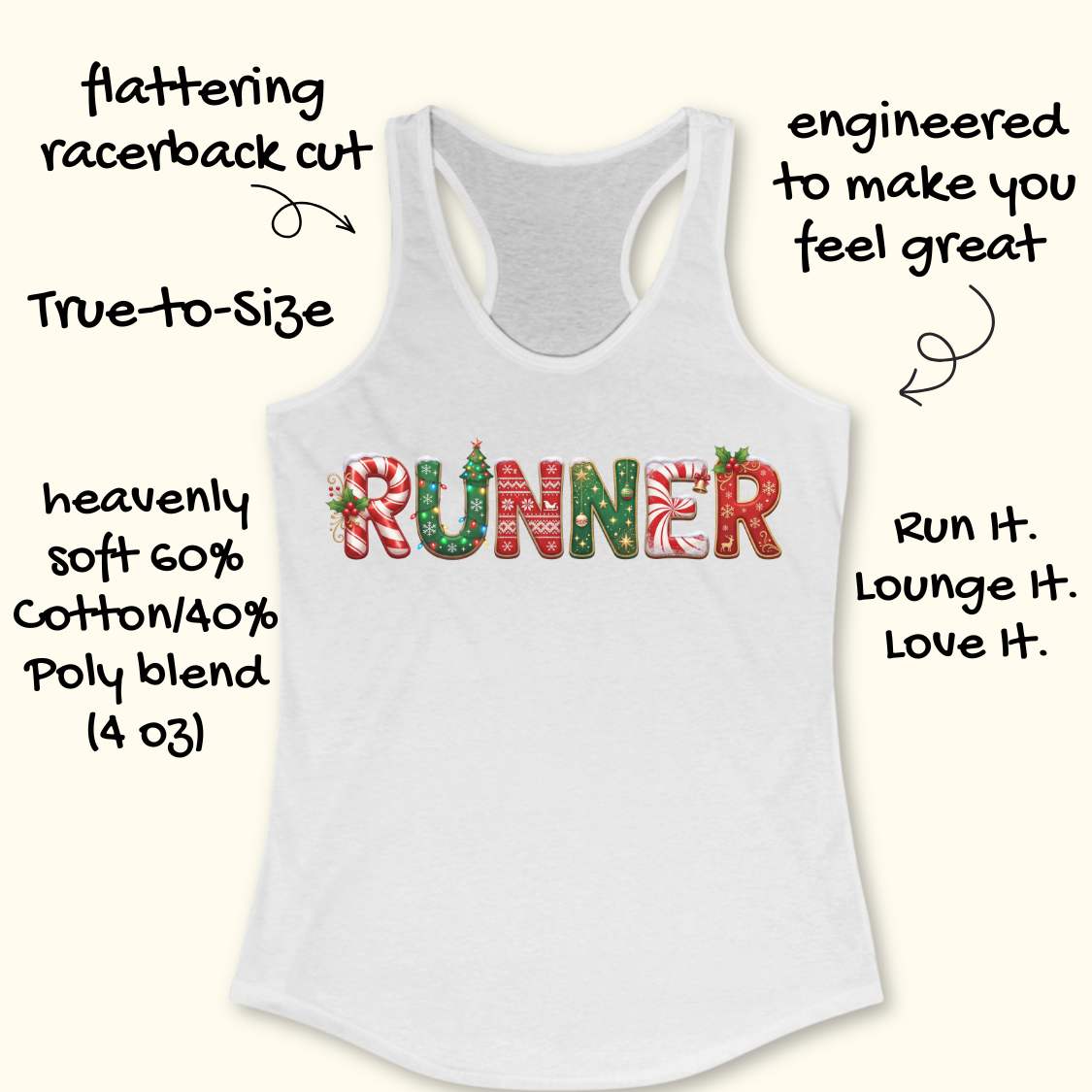 White racerback tank top featuring the word “RUNNER” in large festive Christmas-themed letters. The letters are decorated with candy cane stripes, holiday sweater patterns, ornaments, holly leaves, bells, snowflakes, and Christmas tree designs in red, green, and white. The tank top is displayed on a light wood background with partial blue running shoes visible in the corners.
