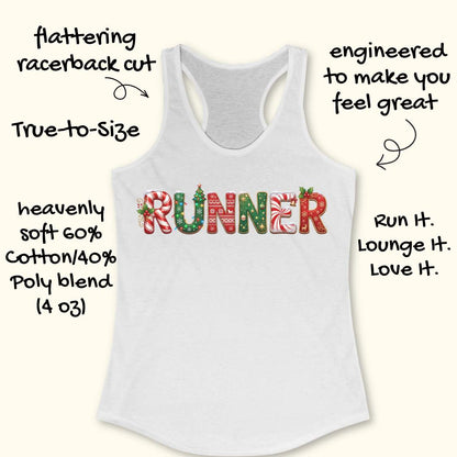 White racerback tank top featuring the word “RUNNER” in large festive Christmas-themed letters. The letters are decorated with candy cane stripes, holiday sweater patterns, ornaments, holly leaves, bells, snowflakes, and Christmas tree designs in red, green, and white. The tank top is displayed on a light wood background with partial blue running shoes visible in the corners.