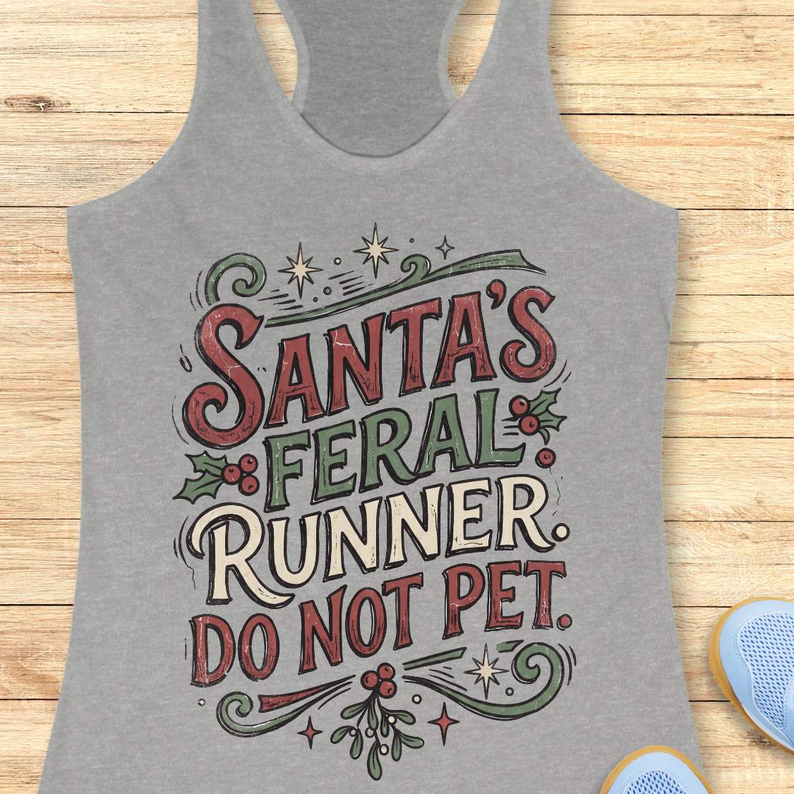 grey racerback tank top featuring the festive phrase “Santa’s Feral Runner, Do Not Pet” in large vintage-style lettering. The design includes red, white, and green text accented with holly leaves, red berries, stars, swirls, and mistletoe-inspired elements, creating a playful Christmas theme for runners. The tank top is displayed on a light wood background with partial blue running shoes visible in the corners.
