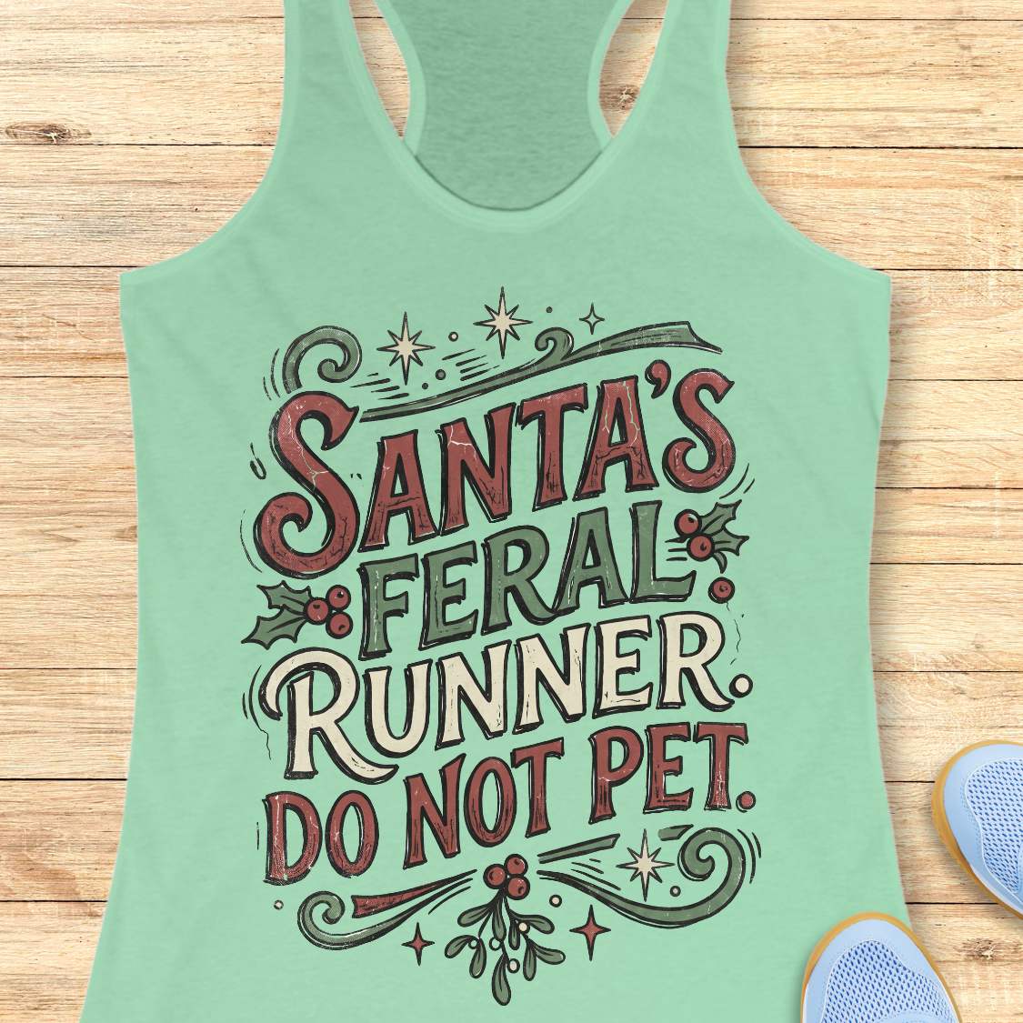 mint racerback tank top featuring the festive phrase “Santa’s Feral Runner, Do Not Pet” in large vintage-style lettering. The design includes red, white, and green text accented with holly leaves, red berries, stars, swirls, and mistletoe-inspired elements, creating a playful Christmas theme for runners. The tank top is displayed on a light wood background with partial blue running shoes visible in the corners.
