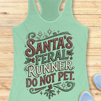 mint racerback tank top featuring the festive phrase “Santa’s Feral Runner, Do Not Pet” in large vintage-style lettering. The design includes red, white, and green text accented with holly leaves, red berries, stars, swirls, and mistletoe-inspired elements, creating a playful Christmas theme for runners. The tank top is displayed on a light wood background with partial blue running shoes visible in the corners.