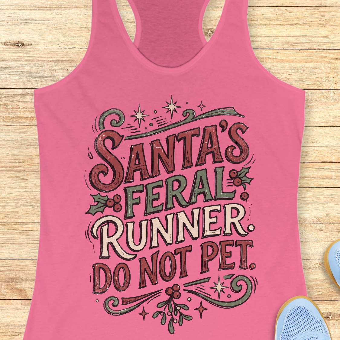 pink racerback tank top featuring the festive phrase “Santa’s Feral Runner, Do Not Pet” in large vintage-style lettering. The design includes red, white, and green text accented with holly leaves, red berries, stars, swirls, and mistletoe-inspired elements, creating a playful Christmas theme for runners. The tank top is displayed on a light wood background with partial blue running shoes visible in the corners.