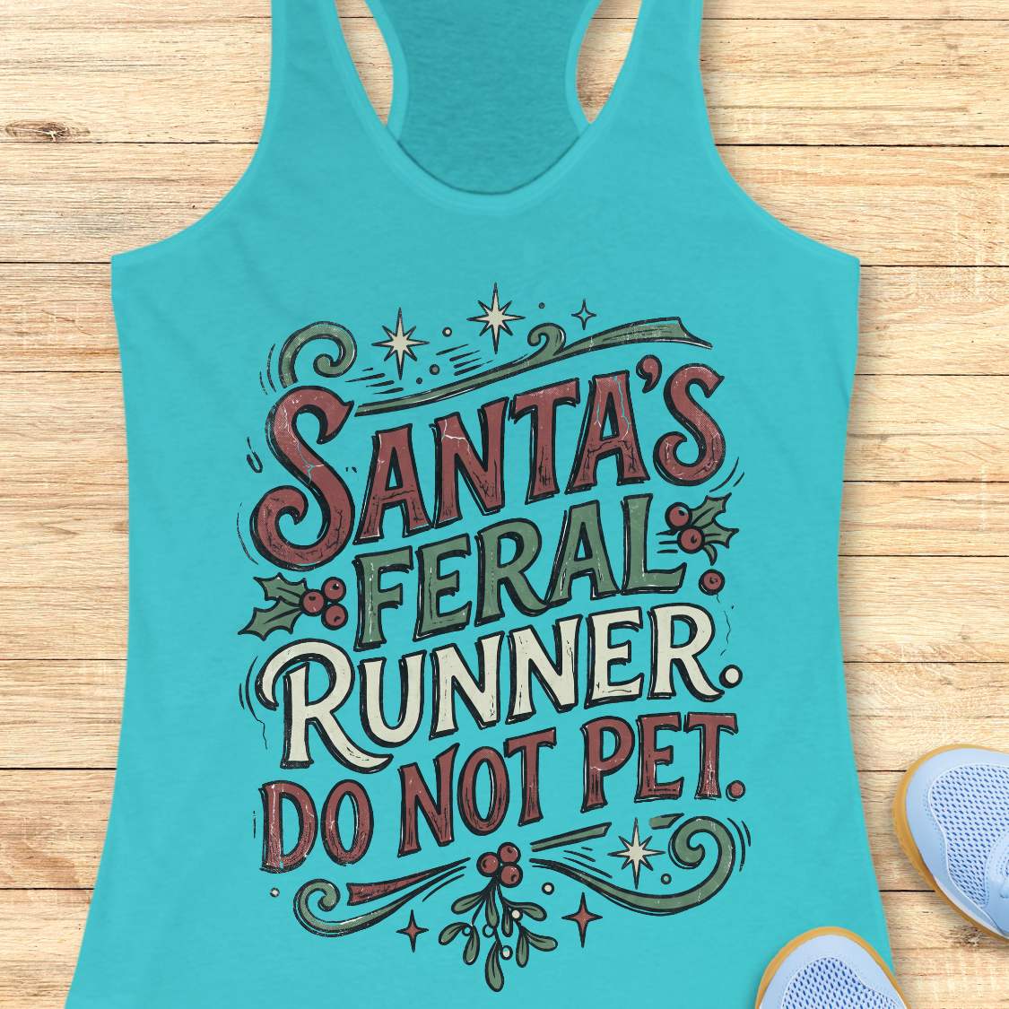 Tahiti blue racerback tank top featuring the festive phrase “Santa’s Feral Runner, Do Not Pet” in large vintage-style lettering. The design includes red, white, and green text accented with holly leaves, red berries, stars, swirls, and mistletoe-inspired elements, creating a playful Christmas theme for runners. The tank top is displayed on a light wood background with partial blue running shoes visible in the corners.

