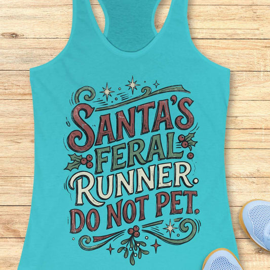 Tahiti blue racerback tank top featuring the festive phrase “Santa’s Feral Runner, Do Not Pet” in large vintage-style lettering. The design includes red, white, and green text accented with holly leaves, red berries, stars, swirls, and mistletoe-inspired elements, creating a playful Christmas theme for runners. The tank top is displayed on a light wood background with partial blue running shoes visible in the corners.

