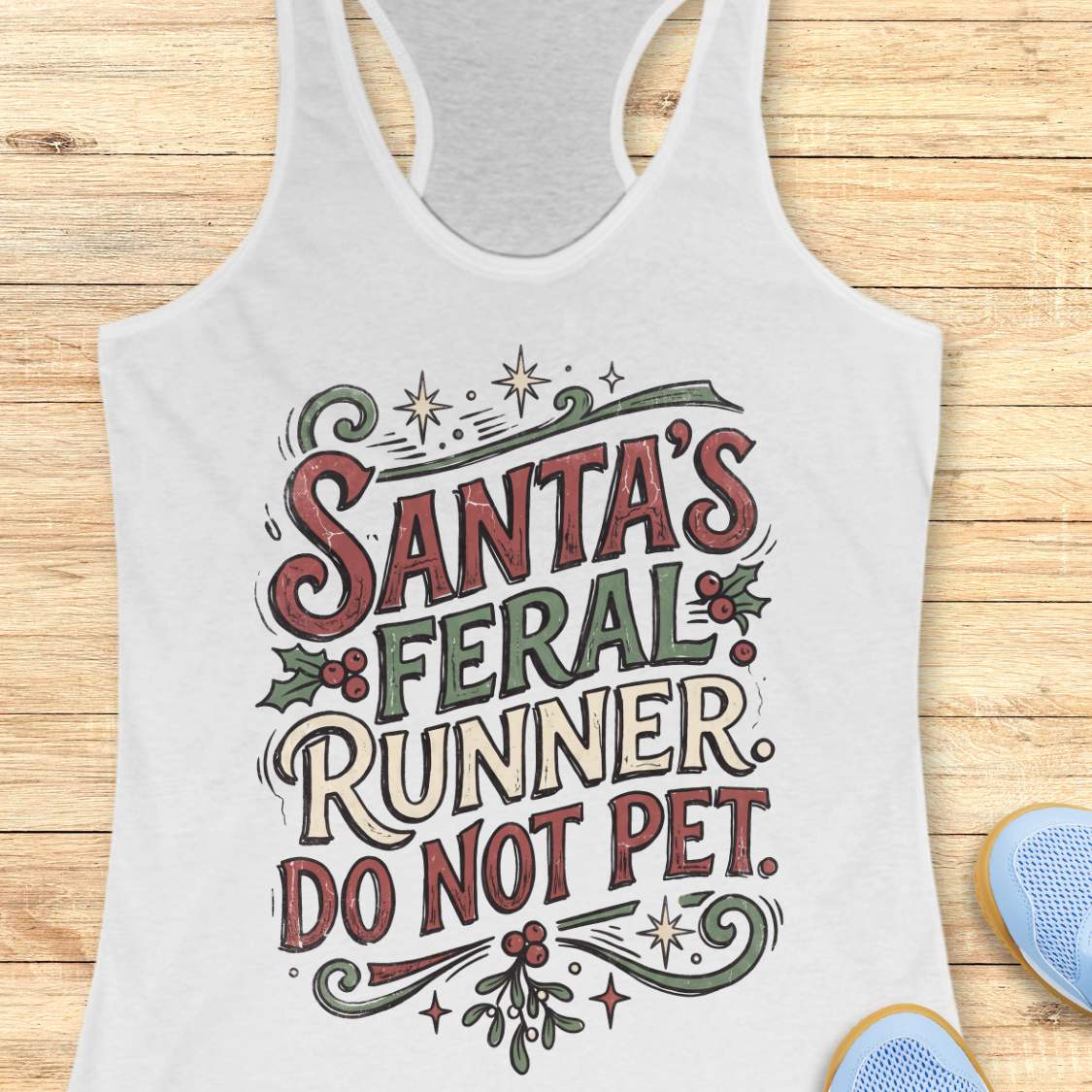 white racerback tank top featuring the festive phrase “Santa’s Feral Runner, Do Not Pet” in large vintage-style lettering. The design includes red, white, and green text accented with holly leaves, red berries, stars, swirls, and mistletoe-inspired elements, creating a playful Christmas theme for runners. The tank top is displayed on a light wood background with partial blue running shoes visible in the corners.